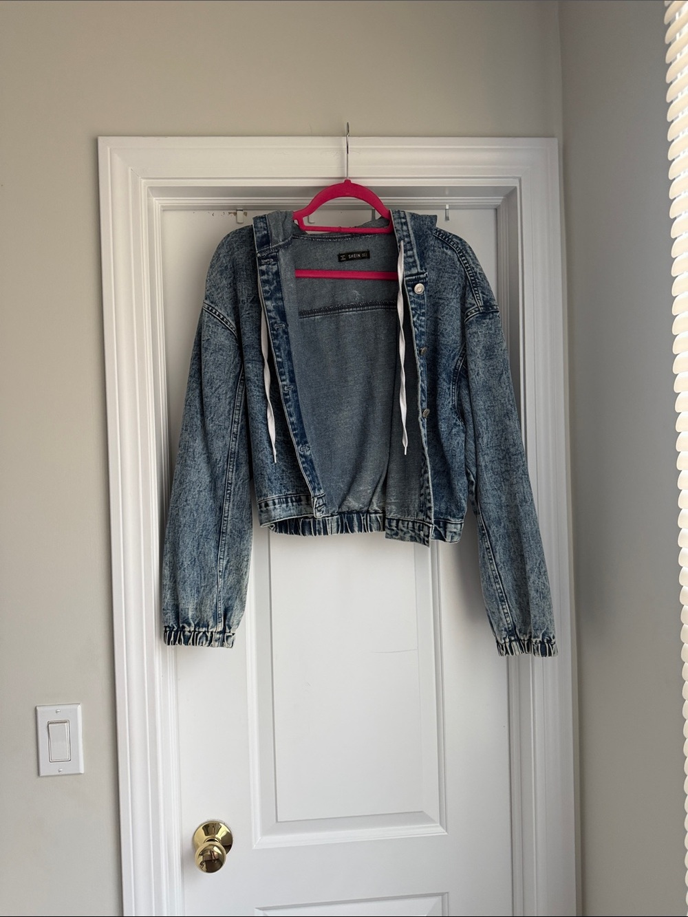 SHEIN Blue Washed Denim Zip-Up Jacket with Hood